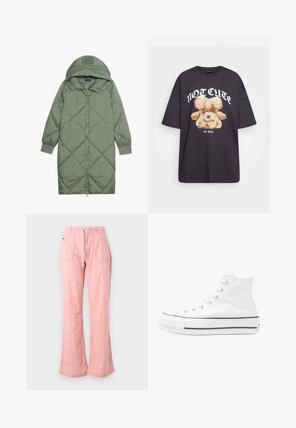 Prostorna dolga zeleni puffer plašč s kapuco, z zadrgo spredaj in dvema stranskima žepoma. Tekstura z diamantnim vzorcem po celotni površini.; Črna oversized majica s kratkimi rokavi, na kateri je grafika medveda z besedilom „NI SRČKAN VKLJUČNO Z DIVJIM“ v poudarjenem belem tisku. Material: bombaž.; Svetlo roza, široke hlače iz mehkega blaga, z vrvico v pasu, dvema sprednjima žepoma in teksturiranim zaključkom.; Beli visoki platneni športni čevelj z črnim gumijastim podplatom, sprednjim gumijastim zaščitnikom za prste in šestimi luknjicami za vezalke, ki se ponaša s preprostim, minimalističnim dizajnom.