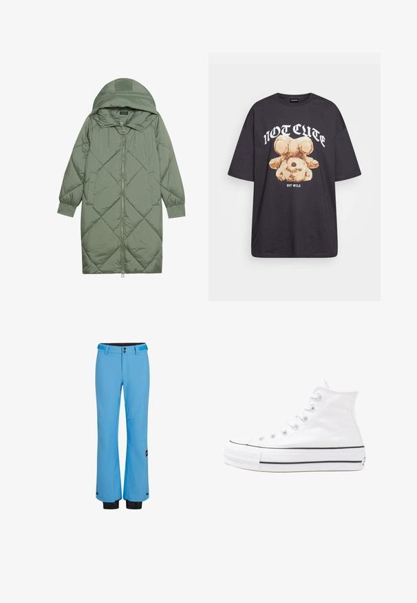 Gequiltede lange groene pufferjas met een capuchon, met een ritssluiting aan de voorkant en twee zijzakken. Gelaagd ruitpatroon overal.; Zwart oversized t-shirt met een afbeelding van een beer en de tekst "NIET SCHATTIG, MAAR WILD" in grote, witte letters. Gemaakt van katoen.; Blauwe skibroek van waterdicht materiaal, met een rechte broekspijp, twee voorzakken en zwarte elastische manchetten bij de enkels.; Witte high-top canvas sneakers met een zwarte rubberen zool, een rubberen neuskap aan de voorkant en zes gaatjes voor veters, met een schone, minimalistische uitstraling.