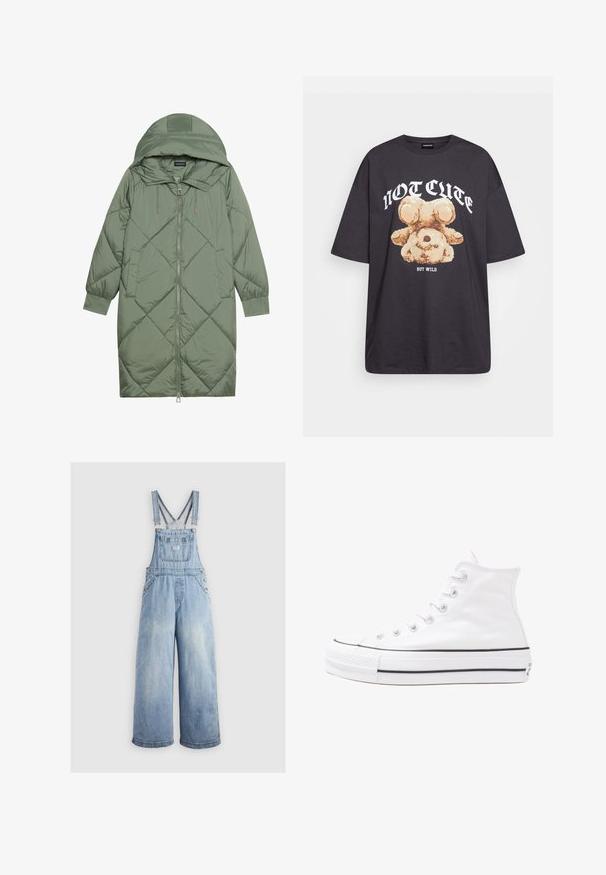 Quiltet lang grønn pufferjakke med hette, med en frontglidelås og to sidelommer. Teksturerte diamantmønster overalt.; Svart oversized t-skjorte med en grafikk av en bjørn og teksten "IKKE SØT, MEN VILL" i fet, hvit skrift. Laget av bomull.; Lyseblå denim overaller med vide ben, justerbare skulderstropper, frontlomme og metalknapper på siderne. Klassisk stil med en avslappet passform.; Hvit høy-skinn kanvas sneakers med svart gummisåle, gummitåhette foran og seks hull for snorer, med et rent, minimalistisk design.