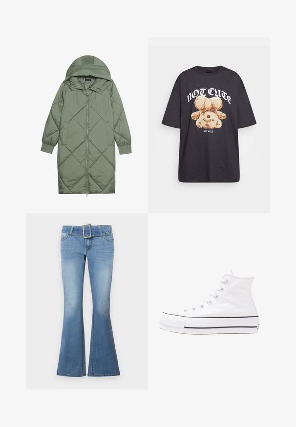 Quilted long green puffer coat with a hood, featuring a front zipper closure and two side pockets. Textured diamond pattern throughout.; Black oversized t-shirt featuring a graphic of a bear with the text “NOT CUTE BUT WILD” in bold, white lettering. Cotton material.; Light blue flared jeans made of denim with a wide belt loop and a large, square silver buckle. Faded texture near the hem enhances design.; White high-top canvas sneaker with black rubber sole, front rubber toe cap, and six eyelets for laces, featuring a clean, minimalist design.