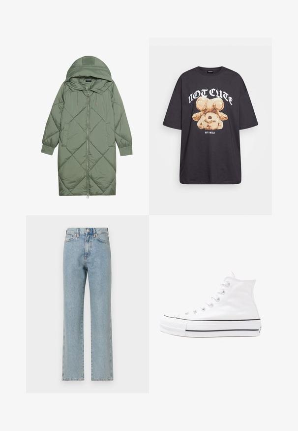 Casaco puffer longo verde acolchoado com capuz, apresentando um fecho frontal com zíper e dois bolsos laterais. Padrão texturizado em forma de diamante por todo o casaco.; T-shirt oversized preto com uma gráfica de um urso e o texto "NÃO FOFO, MAS SELVAGEM" em letras brancas e em negrito. Material em algodão.; Jeans de denim azul claro com um design de perna reta, cinco bolsos, fecho de botão e uma textura subtil. Sem desgastes ou padrões visíveis.; Sapatilha alta de tela branca com sola de borracha preta, bico de borracha na frente e seis ilhós para os atacadores, apresentando um design limpo e minimalista.
