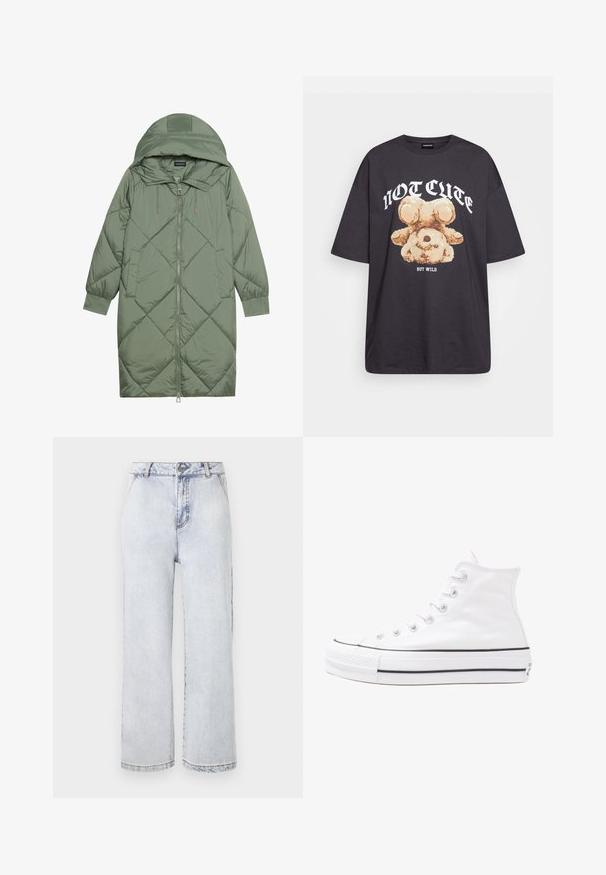 Vadderad lång grön pufferjacka med huva, med en framsidan dragkedjestängning och två sidofickor. Strukturerad diamantmönster över hela plagget.; Svart oversized t-shirt med en grafik av en björn och texten "INTE SÖT MEN VILD" i fet, vit lettering. Tillverkad av bomull.; Ljusblå denim breda byxor med hög midja, med knappstängning, rak fåll och minimal blekning.; Vit hög topp canvas sneaker med svart gummisulan, framsidan gummitåhätta och sex öglor för snören, med en ren, minimalistisk design.