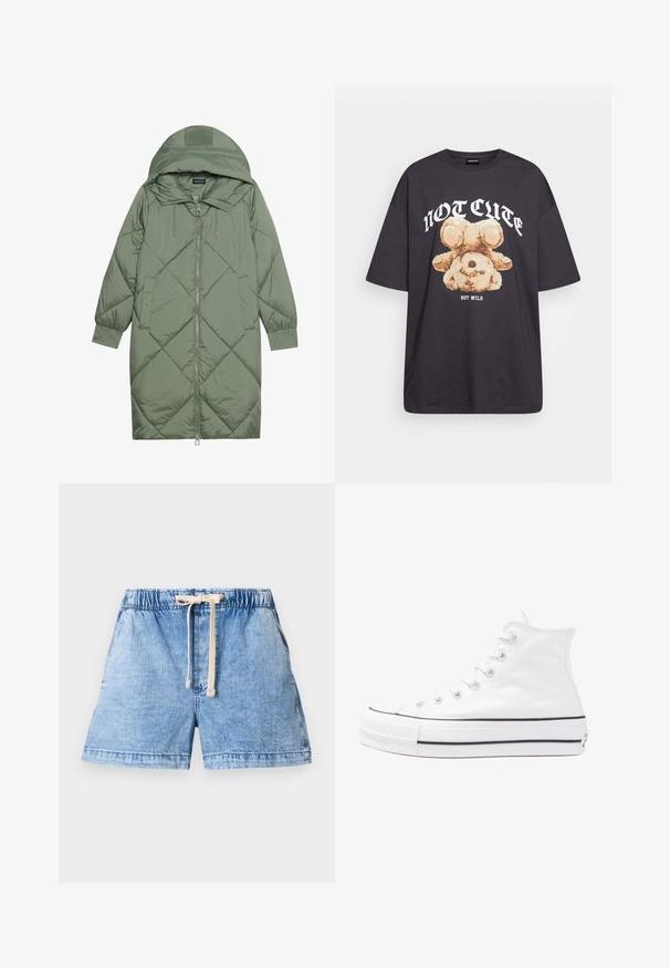 Pistetud pikk roheline puffermantel kapuutsiga, esiküljel tõmblukuga ja kahe küljetaskuga. Kogu pinnal on struktureeritud rombikujundus.; Musthave musta t-särk, millel on karu graafika ja tekst "EI NII NÄDALA, KUID MÄRG" paksult valgete tähtedega. Puuvillane materjal.; Heled sinine denim lühikesed püksid elastse vöökoha ja nöördetailiga. Omab kahte küljetaskut ja sirget lõikega äärt.; Valge kõrgem kangast tenniseking, millel on must kummist tald, ees kummist varvasetugi ja kuus aukku paelte jaoks, pakkudes puhta ja minimalistliku disaini.