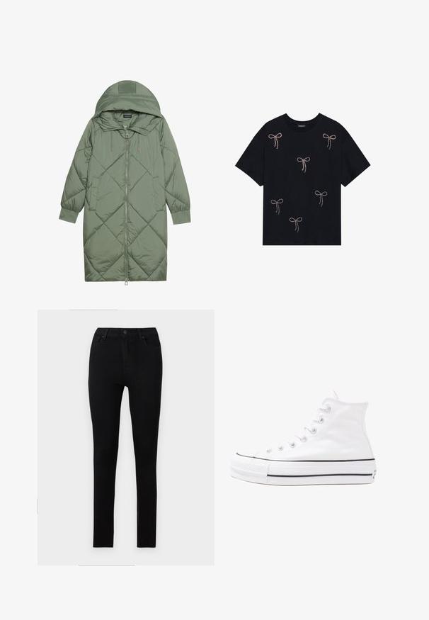 Casaco puffer longo verde acolchoado com capuz, apresentando um fecho frontal com zíper e dois bolsos laterais. Padrão texturizado em forma de diamante por todo o casaco.; T-shirt preta de algodão com vários desenhos de laços decorados com strass na frente. Decote redondo e mangas curtas.; Calças skinny pretas feitas de denim elástico. Apresentam fecho de correr e cinco bolsos, com uma textura suave e uniforme e sem padrões visíveis.; Sapatilha alta de tela branca com sola de borracha preta, bico de borracha na frente e seis ilhós para os atacadores, apresentando um design limpo e minimalista.