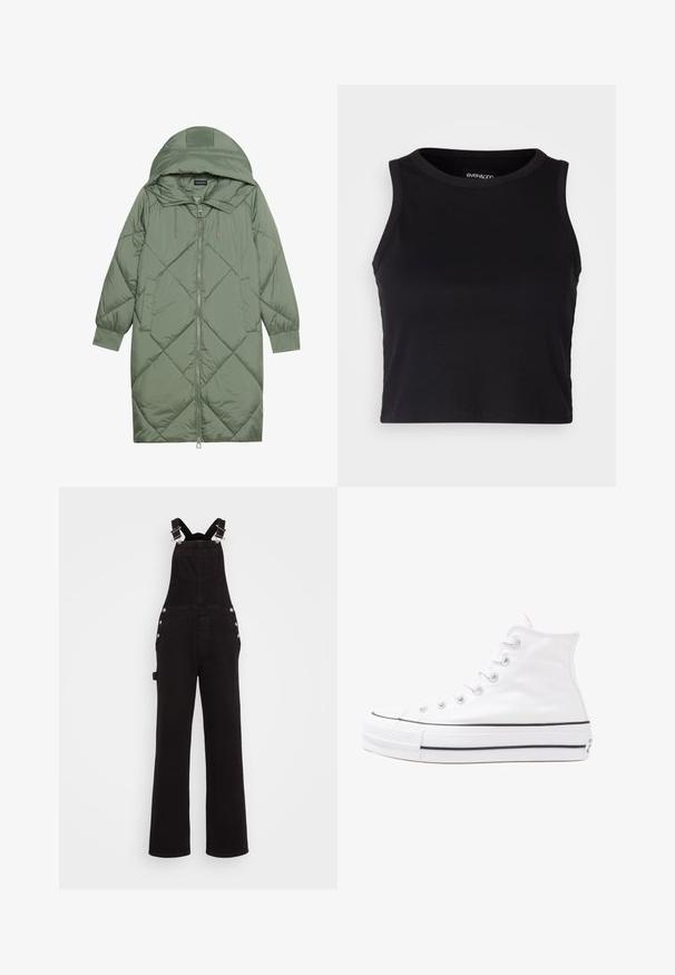 Gequiltede lange groene pufferjas met een capuchon, met een ritssluiting aan de voorkant en twee zijzakken. Gelaagd ruitpatroon overal.; Zwarte geribbelde crop tanktop met een ronde halslijn en mouwloos ontwerp. Gemaakt van zachte, rekbare stof, met een nette afgeronde rand.; Zwarte denim overalls met een brede pijp, verstelbare schouderbanden, zijknopen en frontzakken. Glad textuur en stevige stof.; Witte high-top canvas sneakers met een zwarte rubberen zool, een rubberen neuskap aan de voorkant en zes gaatjes voor veters, met een schone, minimalistische uitstraling.