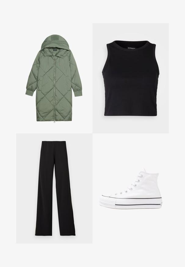 Izšūts garš zaļš pūšļa mētelis ar kapuci, ar priekšējo rāvējslēdzēju un divām sānu kabatām. Visā virsmā ir teksturēta dimanta raksts.; Melna ribota īsā topa ar apaļu kakla izgriezumu un bez piedurknēm. Izgatavota no mīksta, elastīga auduma, ar tīrām apgrieztām malām.; Melnas platleņķa bikses no mīksta auduma, ar elastīgu jostu un gludu tekstūru, kas nodrošina elegantu siluetu.; Balti augstie kanvas sporta apavi ar melnu gumijas zoli, priekšējo gumijas purngalu un sešām acīm lencēm, kuriem ir tīrs, minimālistisks dizains.