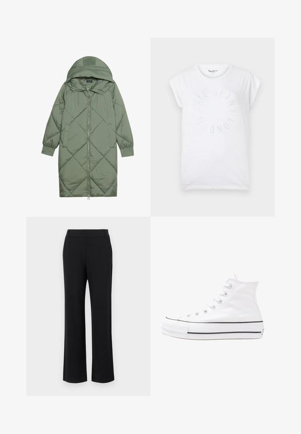 Puchowy, długi, zielony płaszcz z kapturem, z zamkiem błyskawicznym z przodu i dwoma bocznymi kieszeniami. Całość pokryta fakturowanym wzorem diamentowym.; Biała bawełniana koszulka z okrągłym dekoltem i krótkimi rękawami. Posiada okrągły wzór tekstowy z małych kropek z napisem "Pepe Jeans London."; Czarne, rozszerzane spodnie z gładkiego materiału, o średnim stanie, z kieszeniami bocznymi. Prosty krój bez wzorów i ozdób.; Białe wysokie trampki z płótna z czarną gumową podeszwą, przednim czubkiem z gumy i sześcioma dziurkami na sznurowadła, charakteryzujące się prostym, minimalistycznym designem.