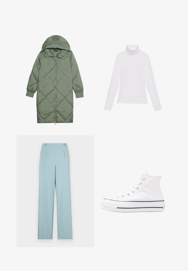 Zelený prešívaný páperový kabát s kapucňou, so zipsovým uzáverom vpredu a dvoma bočnými vreckami. Po celom povrchu je textúrovaný diamantový vzor.; Biely dlhý rukáv v štýle roláka vyrobený z hladkej, elastickej tkaniny. Má vysoký golier a priliehavý strih, bez viditeľných vzorov alebo ozdôb.; Svetlo modré nohavice s priliehavým strihom, obsahujúce záhyby a gombíkové detaily na páse. Vyrobené z hladkej, ľahkej tkaniny.; Biele vysoké plátené tenisky s čiernou gumovou podošvou, prednou gumovou špičkou a šiestimi okami na šnúrky, s čistým, minimalistickým dizajnom.