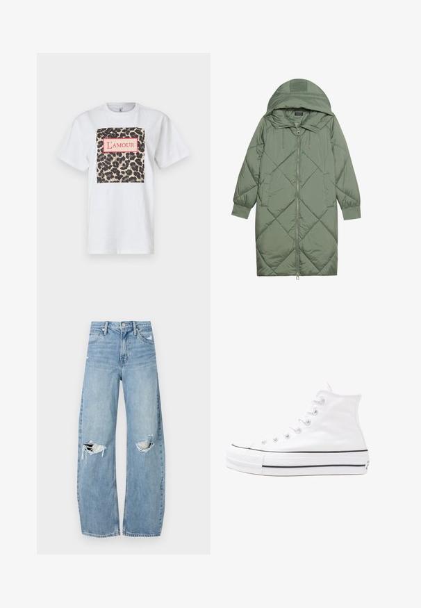 Quilted long green puffer coat with a hood, featuring a front zipper closure and two side pockets. Textured diamond pattern throughout.; White cotton t-shirt featuring a square leopard print graphic with a pink-bordered label text reading "L'amour" at the center.; Light blue, high-waisted jeans made of denim. Feature wide legs, two torn knee areas, and classic five-pocket styling.; White high-top canvas sneaker with black rubber sole, front rubber toe cap, and six eyelets for laces, featuring a clean, minimalist design.