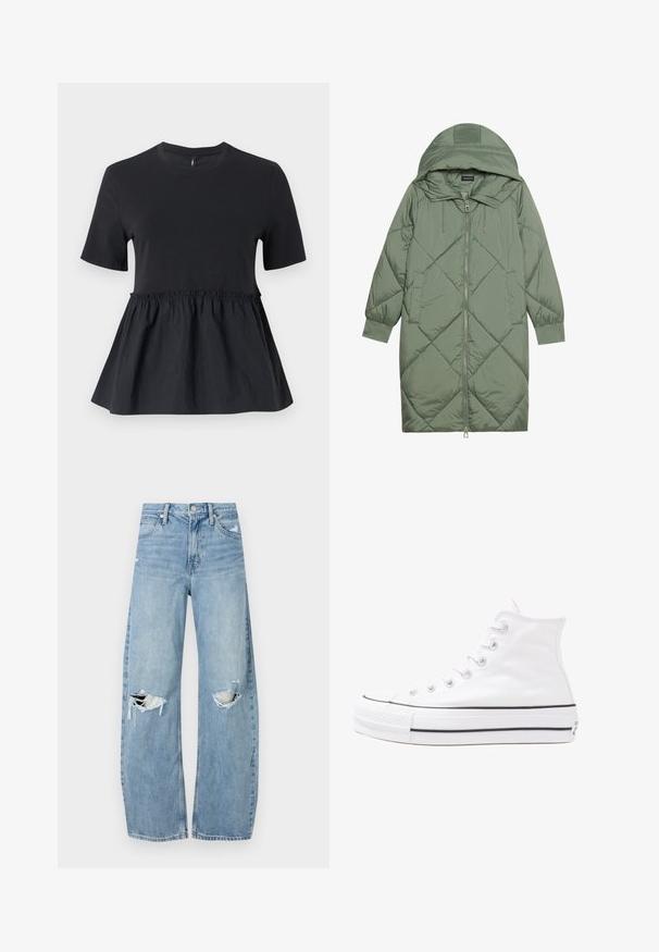 Quiltet lang grønn pufferjakke med hette, med en frontglidelås og to sidelommer. Teksturerte diamantmønster overalt.; Svart peplumtop med en tettsittende liv og rynket midje. Laget av myk bomull med en glatt tekstur og korte ermer.; Lyseblå høytlivsjeans laget av denim. Har vide bein, to revne knær og klassisk fem-lommers design.; Hvit høy-skinn kanvas sneakers med svart gummisåle, gummitåhette foran og seks hull for snorer, med et rent, minimalistisk design.
