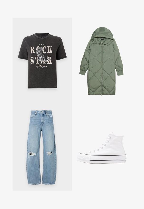 Abrigo acolchado largo verde tipo puffer con capucha, que presenta un cierre frontal con cremallera y dos bolsillos laterales. Patrón de diamantes texturizado en toda su superficie.; Camiseta de algodón negra con el texto en blanco "ROCK STAR" en negrita y un diseño de silueta de gato brillante. Cuello redondo y mangas cortas.; Vaqueros de mezclilla de tiro alto en azul claro. Tienen piernas anchas, dos áreas desgastadas en las rodillas y un estilo clásico de cinco bolsillos.; Zapatilla de lona alta blanca con suela de goma negra, puntera de goma frontal y seis ojetes para los cordones, que presenta un diseño limpio y minimalista.