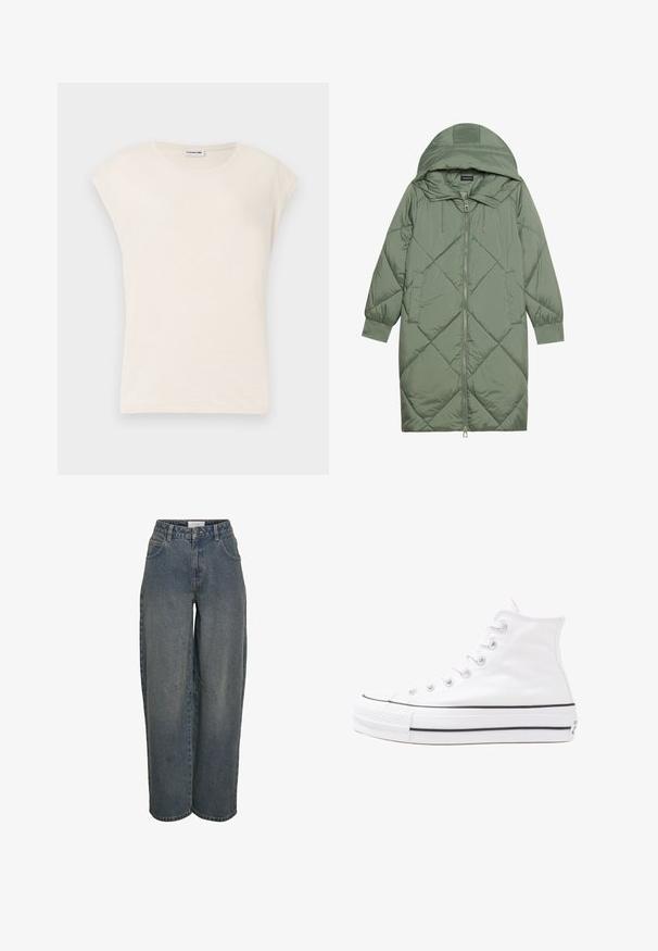 Abrigo acolchado largo verde tipo puffer con capucha, que presenta un cierre frontal con cremallera y dos bolsillos laterales. Patrón de diamantes texturizado en toda su superficie.; Camiseta de manga corta color crema con un ajuste relajado, cuello redondo y textura suave. Hecha de una tela ligera, sin patrones visibles.; Jeans de tiro ancho en azul oscuro, hechos de una tela de algodón texturizada. Presentan bolsillos frontales y un cierre de cremallera con botón.; Zapatilla de lona alta blanca con suela de goma negra, puntera de goma frontal y seis ojetes para los cordones, que presenta un diseño limpio y minimalista.