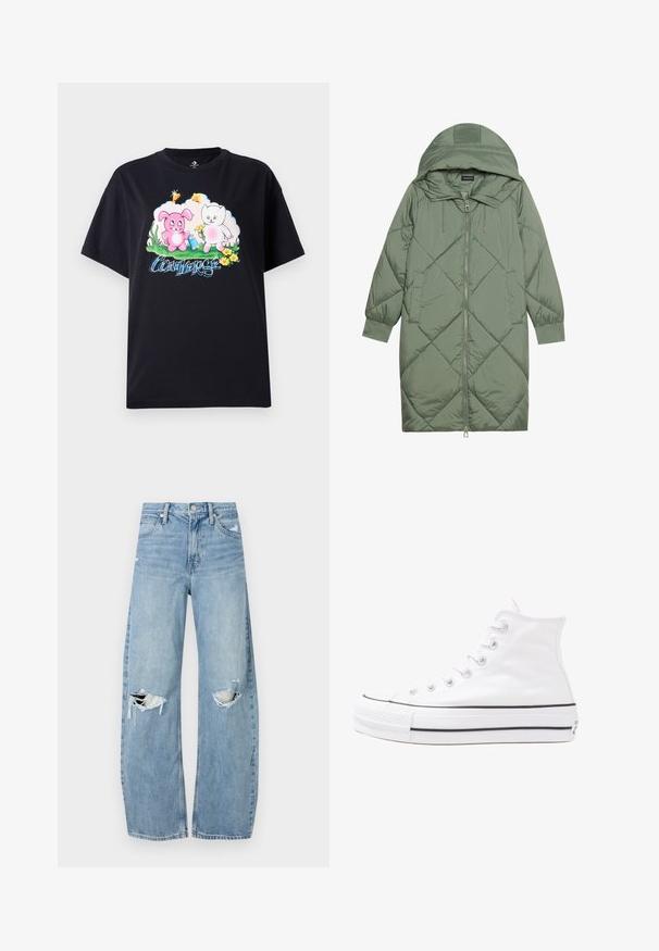 Κοντό πράσινο πούπερ μπουφάν με κουκούλα, διαθέτοντας κεντρικό φερμουάρ και δύο πλαϊνές τσέπες. Υφασμάτινο σχέδιο με ρόμβους σε όλη την επιφάνεια.; Μαύρη βαμβακερή μπλούζα T-shirt με πολύχρωμο γραφικό ενός ροζ κουνελιού και μιας λευκής γάτας με λουλούδια, μαζί με την ένδειξη "Converse" σε μπλε γράμματα.; Ανοιχτόμπλε, ψηλόμεσα τζιν φτιαγμένα από τζιν ύφασμα. Διαθέτουν φαρδιές καμπάνες, δύο σκισμένα γόνατα και κλασικό στιλ πέντε τσεπών.; Λευκό ψηλό καμβαδάκι αθλητικό παπούτσι με μαύρη καουτσούκ σόλα, πρόσθιο καουτσούκ καλύμματος δακτύλου και έξι οπές για κορδόνια, με μια καθαρή και μίνιμαλ σχεδίαση.
