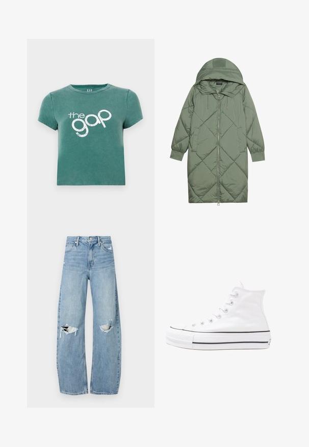 Quilted long green puffer coat with a hood, featuring a front zipper closure and two side pockets. Textured diamond pattern throughout.; Green short-sleeve t-shirt made of cotton, featuring a white printed logo "the gap" on the front. Cropped design with a round neckline.; Light blue, high-waisted jeans made of denim. Feature wide legs, two torn knee areas, and classic five-pocket styling.; White high-top canvas sneaker with black rubber sole, front rubber toe cap, and six eyelets for laces, featuring a clean, minimalist design.