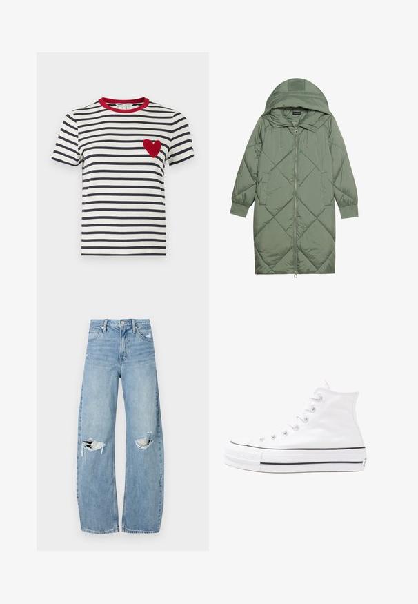 Quilted long green puffer coat with a hood, featuring a front zipper closure and two side pockets. Textured diamond pattern throughout.; Striped T-shirt with navy and white horizontal stripes, a red collar, and a textured red heart appliqué on the left chest.; Light blue, high-waisted jeans made of denim. Feature wide legs, two torn knee areas, and classic five-pocket styling.; White high-top canvas sneaker with black rubber sole, front rubber toe cap, and six eyelets for laces, featuring a clean, minimalist design.