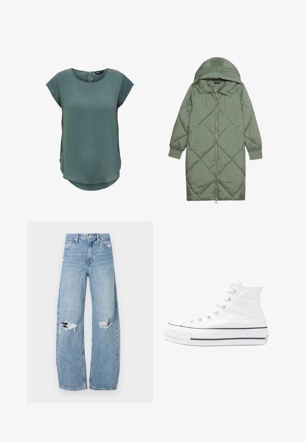 Cappotto lungo imbottito verde con un cappuccio, caratterizzato da una chiusura frontale a zip e due tasche laterali. Motivo a rombi testurizzati su tutta la superficie.; Top verde a maniche corte realizzato in tessuto testurizzato. Presenta un collo rotondo e una chiusura con zip discreta sul retro, con orlo leggermente curvato.; Jeans azzurri chiari a vita alta realizzati in denim. Presentano gambe larghe, due aree strappate sulle ginocchia e il classico styling a cinque tasche.; Sneaker alta in tela bianca con suola in gomma nera, punta in gomma frontale e sei asole per i lacci, caratterizzata da un design pulito e minimalista.