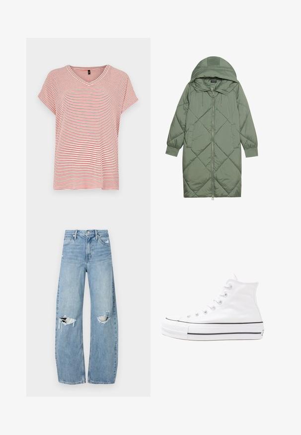 Pistetud pikk roheline puffermantel kapuutsiga, esiküljel tõmblukuga ja kahe küljetaskuga. Kogu pinnal on struktureeritud rombikujundus.; Punane ja valge triibuline lühikeste varrukatega V-kaelusega t-särk, millel on vabalt langev lõige ja pehme kangas. Triibud on disainis ühtlaselt jaotatud.; Heledad hallideega sinised teksad, millel on kõrge talje. Teksade jalgadel on lai alus, kaks rebitud kohta põlvede ümber ning klassikaline viie tasku stiil.; Valge kõrgem kangast tenniseking, millel on must kummist tald, ees kummist varvasetugi ja kuus aukku paelte jaoks, pakkudes puhta ja minimalistliku disaini.