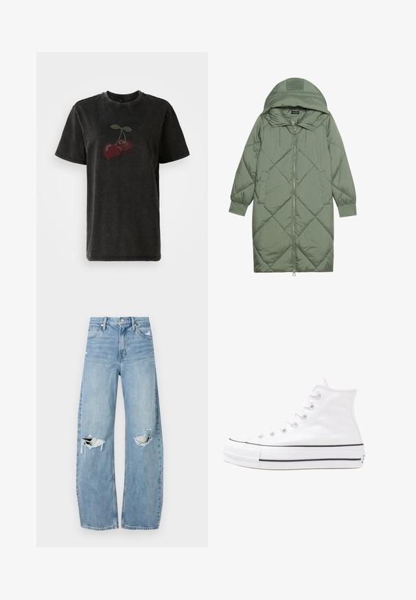 Pistetud pikk roheline puffermantel kapuutsiga, esiküljel tõmblukuga ja kahe küljetaskuga. Kogu pinnal on struktureeritud rombikujundus.; Must jälgimust T-särk, millel on kirsidisain punaste ja roheliste kaunistustega. Lühikesed varrukad, ümar kaelus ja lõdvem lõige.; Heledad hallideega sinised teksad, millel on kõrge talje. Teksade jalgadel on lai alus, kaks rebitud kohta põlvede ümber ning klassikaline viie tasku stiil.; Valge kõrgem kangast tenniseking, millel on must kummist tald, ees kummist varvasetugi ja kuus aukku paelte jaoks, pakkudes puhta ja minimalistliku disaini.