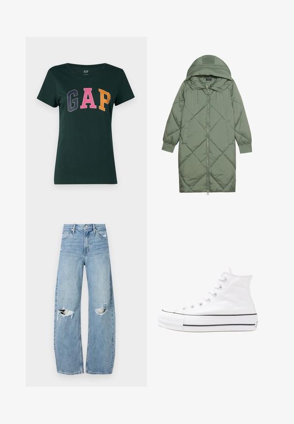 Abrigo acolchado largo verde tipo puffer con capucha, que presenta un cierre frontal con cremallera y dos bolsillos laterales. Patrón de diamantes texturizado en toda su superficie.; Camiseta de algodón verde oscuro con cuello redondo, que presenta la palabra "GAP" en grandes letras de bloque multicolores: azul marino, rosa y naranja.; Vaqueros de mezclilla de tiro alto en azul claro. Tienen piernas anchas, dos áreas desgastadas en las rodillas y un estilo clásico de cinco bolsillos.; Zapatilla de lona alta blanca con suela de goma negra, puntera de goma frontal y seis ojetes para los cordones, que presenta un diseño limpio y minimalista.