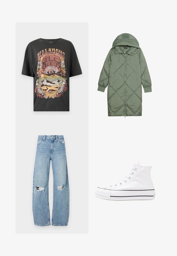 Quiltet lang grøn pufferjakke med hætte, med frontlynlås og to sidelommer. Teksturret diamantmønster over det hele.; Sort bomulds t-shirt med et farverigt grafisk print med sol, bjerge og blomster. Løs pasform med korte ærmer og rund hals.; Lysblå, højtraljede jeans lavet af denim. Har brede ben, to huller ved knæene og klassisk fem-lommes stil.; Hvide høje kanvas sneakers med sort gummisål, gummitåhætte foran og seks øjehuller til snørebånd, der har et rent, minimalistisk design.