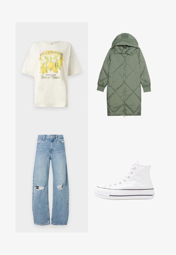 Abrigo acolchado largo verde tipo puffer con capucha, que presenta un cierre frontal con cremallera y dos bolsillos laterales. Patrón de diamantes texturizado en toda su superficie.; Camiseta de color crema con mangas cortas, que presenta un gráfico de un limón amarillo y el texto "LES CITRONS" y "Limonade Frais et Naturel."; Vaqueros de mezclilla de tiro alto en azul claro. Tienen piernas anchas, dos áreas desgastadas en las rodillas y un estilo clásico de cinco bolsillos.; Zapatilla de lona alta blanca con suela de goma negra, puntera de goma frontal y seis ojetes para los cordones, que presenta un diseño limpio y minimalista.