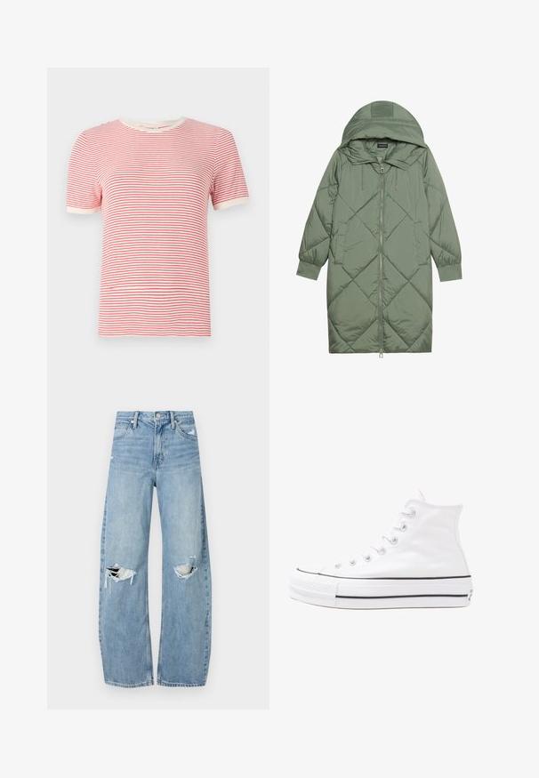 Zelený prešívaný páperový kabát s kapucňou, so zipsovým uzáverom vpredu a dvoma bočnými vreckami. Po celom povrchu je textúrovaný diamantový vzor.; Červené a biele pruhované tričko s krátkymi rukávmi, okrúhlym výstrihom, z materiálu z bavlnenej zmesi, s ľahkou textúrou a kontrastnými rebrovanými okrajmi.; Svetlomodré, vysoké džínsy vyrobené z denimu. Majú široké nohavice, dve roztrhnuté kolená a klasický päťvreckový strih.; Biele vysoké plátené tenisky s čiernou gumovou podošvou, prednou gumovou špičkou a šiestimi okami na šnúrky, s čistým, minimalistickým dizajnom.