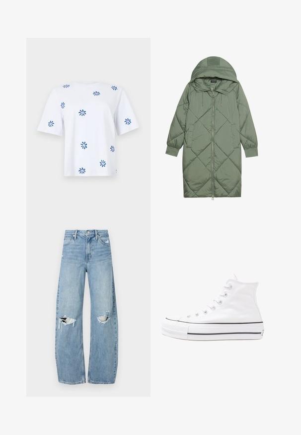 Izšūts garš zaļš pūšļa mētelis ar kapuci, ar priekšējo rāvējslēdzēju un divām sānu kabatām. Visā virsmā ir teksturēta dimanta raksts.; Balts īsām piedurknēm T-krekls ar ziliem un rozā abstraktiem rakstiem visā virsmā. Izgatavots no mīksta kokvilnas auduma ar brīvu piegriezumu.; Gaiši zili, augstās vidukļa džinsi, kas izgatavoti no denima. Iespējas plašas kājas, divas plēstas ceļa daļas un klasiskā piecu kabatu dizains.; Balti augstie kanvas sporta apavi ar melnu gumijas zoli, priekšējo gumijas purngalu un sešām acīm lencēm, kuriem ir tīrs, minimālistisks dizains.