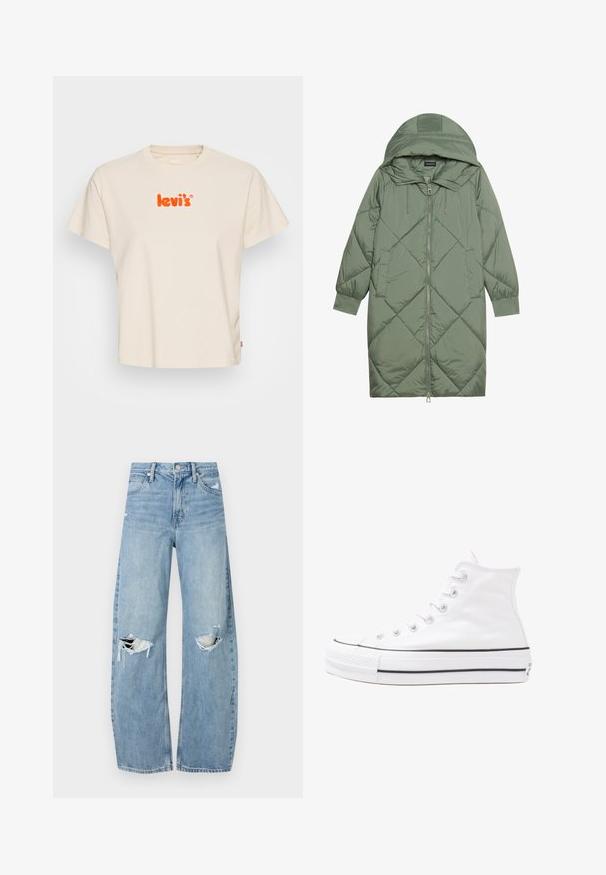 Casaco puffer longo verde acolchoado com capuz, apresentando um fecho frontal com zíper e dois bolsos laterais. Padrão texturizado em forma de diamante por todo o casaco.; Levi's® GRAPHIC CLASSIC TEE - T-shirt estampada - chenille angora; Jeans de lavagem clara, de cintura alta, feitos de denim. Apresentam pernas largas, duas áreas rasgadas nos joelhos e o estilo clássico de cinco bolsos.; Sapatilha alta de tela branca com sola de borracha preta, bico de borracha na frente e seis ilhós para os atacadores, apresentando um design limpo e minimalista.