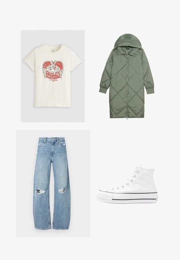 Abrigo acolchado largo verde tipo puffer con capucha, que presenta un cierre frontal con cremallera y dos bolsillos laterales. Patrón de diamantes texturizado en toda su superficie.; Levi's® THE PERFECT TEE - Camiseta estampada - eagle sugar swizzle; Vaqueros de mezclilla de tiro alto en azul claro. Tienen piernas anchas, dos áreas desgastadas en las rodillas y un estilo clásico de cinco bolsillos.; Zapatilla de lona alta blanca con suela de goma negra, puntera de goma frontal y seis ojetes para los cordones, que presenta un diseño limpio y minimalista.