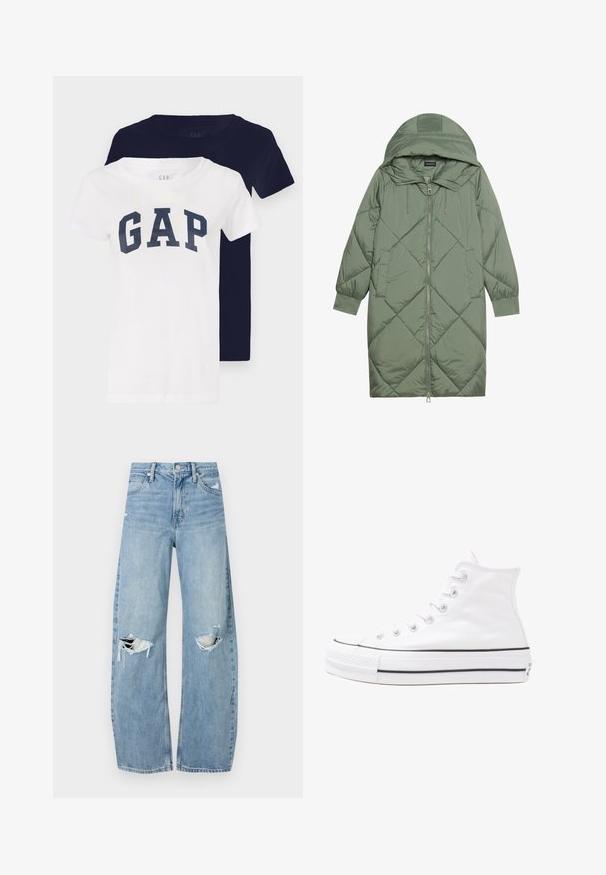 Izšūts garš zaļš pūšļa mētelis ar kapuci, ar priekšējo rāvējslēdzēju un divām sānu kabatām. Visā virsmā ir teksturēta dimanta raksts.; Divas T-krekli: viens balts ar tumši zilā krāsā "GAP" logo, otrs pilnīgi tumši zilas krāsas. Abiem ir īsas piedurknes un apaļš apkakles dizains.; Gaiši zili, augstās vidukļa džinsi, kas izgatavoti no denima. Iespējas plašas kājas, divas plēstas ceļa daļas un klasiskā piecu kabatu dizains.; Balti augstie kanvas sporta apavi ar melnu gumijas zoli, priekšējo gumijas purngalu un sešām acīm lencēm, kuriem ir tīrs, minimālistisks dizains.