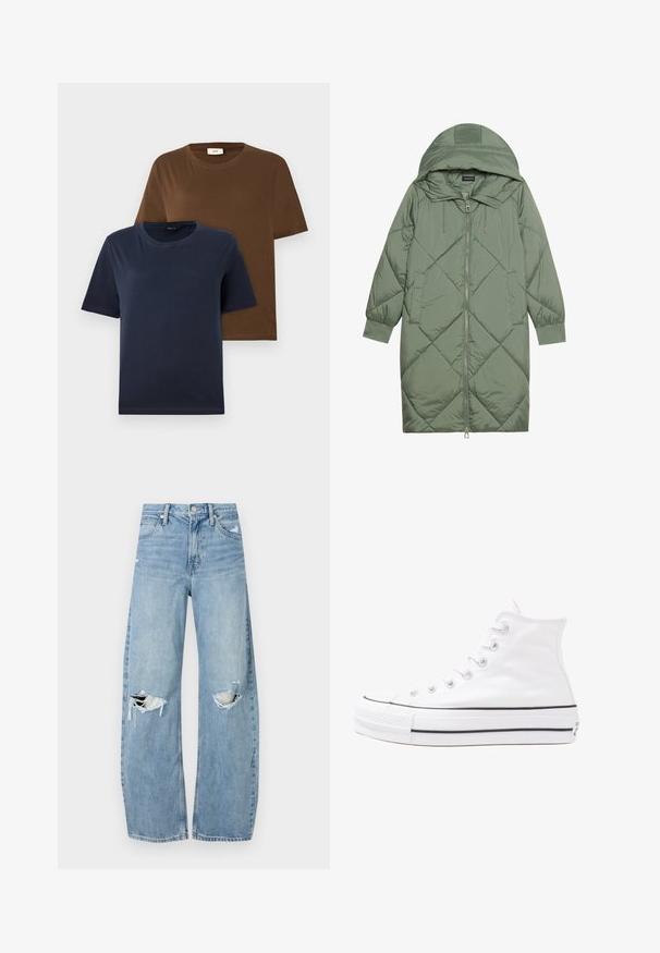 Quilted long green puffer coat with a hood, featuring a front zipper closure and two side pockets. Textured diamond pattern throughout.; Two short-sleeve t-shirts: one in dark navy, the other in rich brown. Both feature round necklines and a soft, smooth cotton texture.; Light blue, high-waisted jeans made of denim. Feature wide legs, two torn knee areas, and classic five-pocket styling.; White high-top canvas sneaker with black rubber sole, front rubber toe cap, and six eyelets for laces, featuring a clean, minimalist design.
