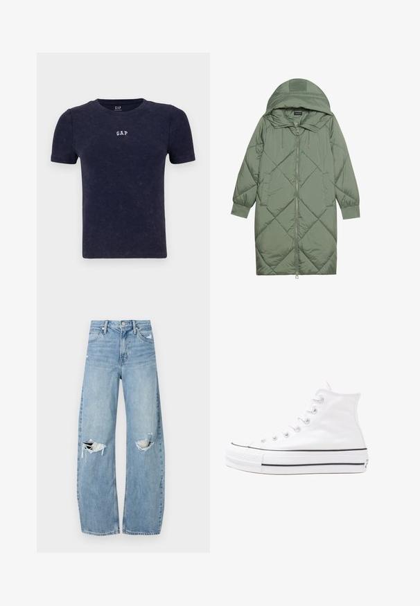 Cele nouă pictate în verde închis, din material pufos, cu glugă, care dispune de închidere cu fermoar frontal și două buzunare laterale. Model texturat cu un model în diamant pe întreaga suprafață.; Tricou din bumbac de culoare bleumarin cu dungi, cu mâneci scurte și decolteu rotund. Prezintă un mic logo alb "GAP" pe piept. Textură moale, design casual.; Jeans de denim, de un bleu deschis, cu talie înaltă. Au picioare late, două zone rupte la genunchi și un stil clasic cu cinci buzunare.; Adidași albi tip pantofi sport cu glezna din pânză, cu talpă din cauciuc negru, capac de vârf din cauciuc frontal și șase ochiuri pentru șireturi, având un design curat și minimalist.