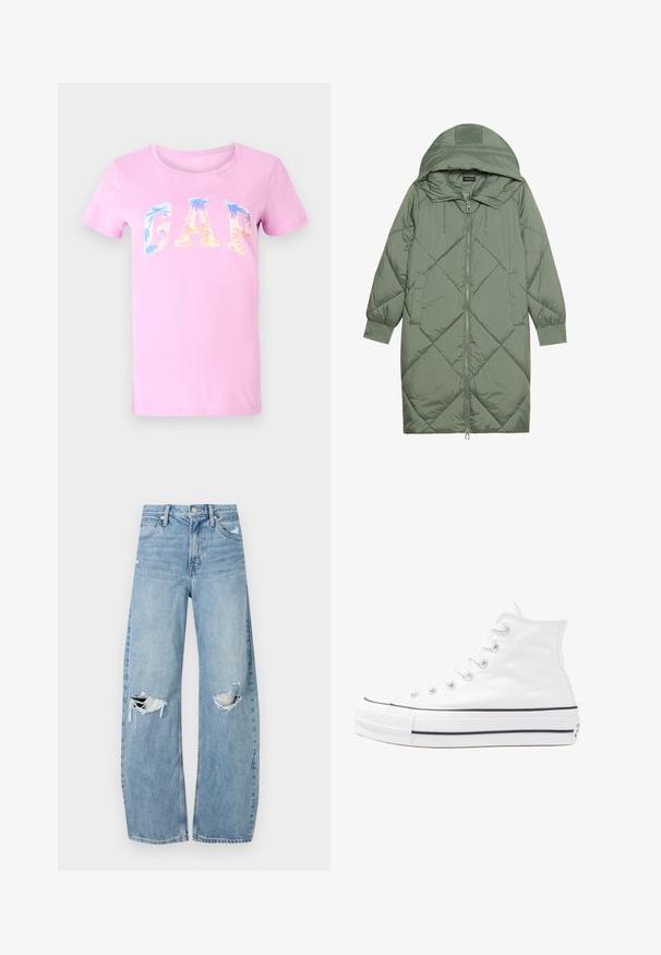 Pistetud pikk roheline puffermantel kapuutsiga, esiküljel tõmblukuga ja kahe küljetaskuga. Kogu pinnal on struktureeritud rombikujundus.; Roosa puuvillane T-särk, millel on sinine ja oranž gradiente GAP logo, palmipuu disain, lühikesed varrukad ja ümar kaelus.; Heledad hallideega sinised teksad, millel on kõrge talje. Teksade jalgadel on lai alus, kaks rebitud kohta põlvede ümber ning klassikaline viie tasku stiil.; Valge kõrgem kangast tenniseking, millel on must kummist tald, ees kummist varvasetugi ja kuus aukku paelte jaoks, pakkudes puhta ja minimalistliku disaini.