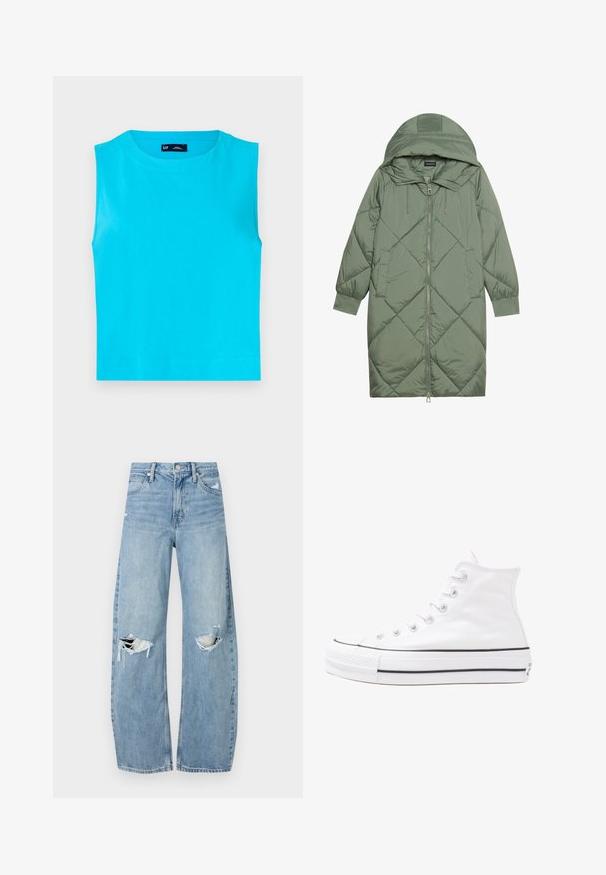 Quilted long green puffer coat with a hood, featuring a front zipper closure and two side pockets. Textured diamond pattern throughout.; Sleeveless, bright turquoise top made of soft cotton. Features a round neckline and a straight, cropped hem with no visible fastenings.; Light blue, high-waisted jeans made of denim. Feature wide legs, two torn knee areas, and classic five-pocket styling.; White high-top canvas sneaker with black rubber sole, front rubber toe cap, and six eyelets for laces, featuring a clean, minimalist design.