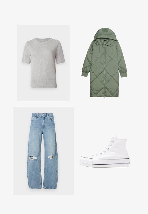 Quiltet lang grøn pufferjakke med hætte, med frontlynlås og to sidelommer. Teksturret diamantmønster over det hele.; Grå kortærmet t-shirt lavet af blødt stof. Har en rund halsudskæring og en afslappet pasform. Enkel design uden mønstre eller detaljer.; Lysblå, højtraljede jeans lavet af denim. Har brede ben, to huller ved knæene og klassisk fem-lommes stil.; Hvide høje kanvas sneakers med sort gummisål, gummitåhætte foran og seks øjehuller til snørebånd, der har et rent, minimalistisk design.