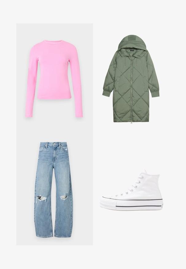 Vadderad lång grön pufferjacka med huva, med en framsidan dragkedjestängning och två sidofickor. Strukturerad diamantmönster över hela plagget.; Långärmad skjorta i mjukt rosa tyg, med rund halsringning och en figurnära design. Slät textur utan synliga mönster eller detaljer.; Ljusblå, högmidjade jeans i denim. Har vida ben, två slitna knäområden och klassisk femfickedesign.; Vit hög topp canvas sneaker med svart gummisulan, framsidan gummitåhätta och sex öglor för snören, med en ren, minimalistisk design.