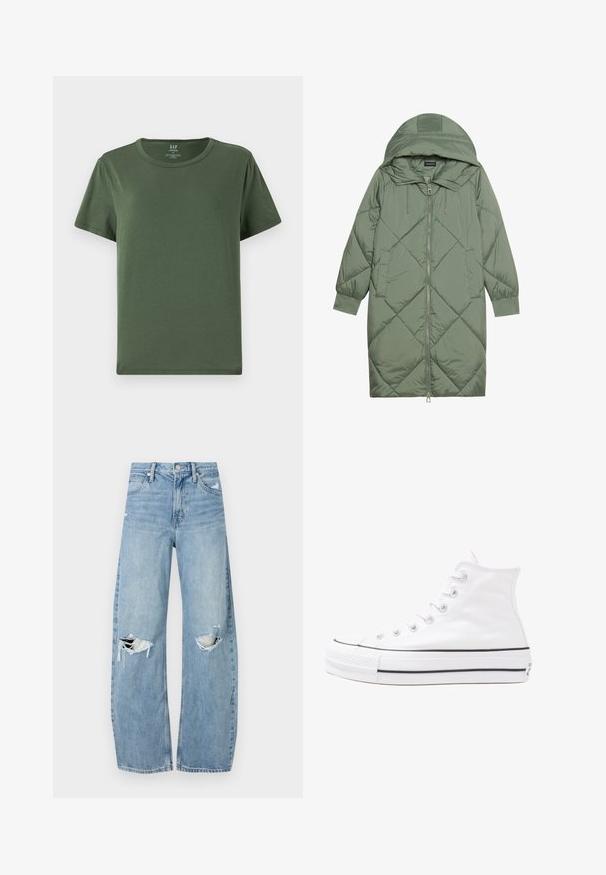 Quiltet lang grønn pufferjakke med hette, med en frontglidelås og to sidelommer. Teksturerte diamantmønster overalt.; Grønn bomull t-skjorte med korte ermer, rund hals og avslappet passform. Har en rett bakhem og minimalistisk design.; Lyseblå høytlivsjeans laget av denim. Har vide bein, to revne knær og klassisk fem-lommers design.; Hvit høy-skinn kanvas sneakers med svart gummisåle, gummitåhette foran og seks hull for snorer, med et rent, minimalistisk design.