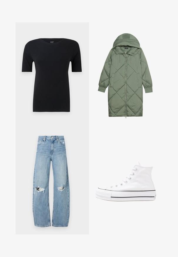 Pistetud pikk roheline puffermantel kapuutsiga, esiküljel tõmblukuga ja kahe küljetaskuga. Kogu pinnal on struktureeritud rombikujundus.; Must `must`-kampröömiga lühikestes käistes must T-särk, mis on valmistatud pehmest puuvillast. Särgil on ümmargune kaelus ja lõdva istuvusega disain, minimaalsed õmblused ja nähtamatud mustrid.; Heledad hallideega sinised teksad, millel on kõrge talje. Teksade jalgadel on lai alus, kaks rebitud kohta põlvede ümber ning klassikaline viie tasku stiil.; Valge kõrgem kangast tenniseking, millel on must kummist tald, ees kummist varvasetugi ja kuus aukku paelte jaoks, pakkudes puhta ja minimalistliku disaini.