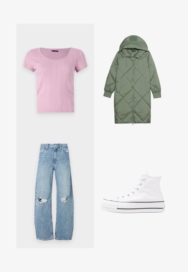 Quiltuotas ilgas žalias pūkinis paltas su kapuce, turintis priekinį užtrauktuką ir dvi šonines kišenes. Visame paviršiuje yra tekstūrinis rombų raštas.; Rožinė trumpų rankovių palaidinė su apvaliomis iškirptėmis, su vertikaliais raukiniais ir deimantų formos raštais. Pagaminta iš lengvos, tampresnės medžiagos.; Šviesiai mėlynos, aukštu juosmeniu džinsai pagaminti iš džinsinio audinio. Turi plačias kojų kelnes, dvi suplėšytas kelio vietas ir klasikinį penkių kišenių dizainą.; Balti aukštakulniai drobės sportbačiai su juodu guminio pado, priekinio guminio piršto dangteliu ir šešiais akytėmis raištams, pasižymintys švariu, minimalistiniu dizainu.