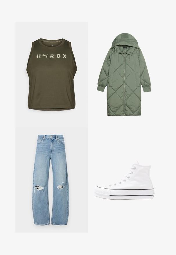 Manteau matelassé long vert avec capuche, doté d'une fermeture éclair à l'avant et de deux poches latérales. Motif en losanges texturé sur toute sa surface.; Top court sans manches couleur vert olive avec le logo "HYROX" dans une couleur claire, en tissu lisse, à col rond et à coupe légèrement ample.; Jeans en denim bleu clair à taille haute. Présentent des jambes larges, deux zones déchirées aux genoux et un style classique à cinq poches.; Baskets montantes en toile blanche avec semelle en caoutchouc noir, capuchon en caoutchouc à l'avant, et six œillets pour les lacets, présentant un design épuré et minimaliste.