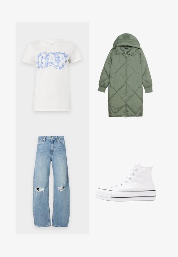Quiltet lang grønn pufferjakke med hette, med en frontglidelås og to sidelommer. Teksturerte diamantmønster overalt.; Hvit kortermet t-skjorte med et blått blomstermotiv av "GAP". Laget av bomull, har den rund hals og en myk tekstur.; Lyseblå høytlivsjeans laget av denim. Har vide bein, to revne knær og klassisk fem-lommers design.; Hvit høy-skinn kanvas sneakers med svart gummisåle, gummitåhette foran og seks hull for snorer, med et rent, minimalistisk design.