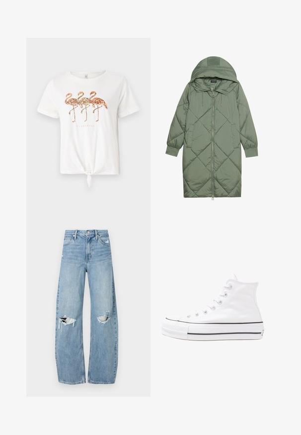 Gesteppten langer grüner Daunenmantel mit Kapuze, mit einem Reißverschluss vorne und zwei Seitentaschen. Strukturiertes Rautenmuster auf der gesamten Fläche.; Weißes Baumwoll-T-Shirt mit drei paillettenbesetzten Flamingos in Gold, Roségold und Pfirsich. Knoten-Detail an den Säumen. Kurze Ärmel.; Helles, hochtailliertes Jeans aus Denim. Hat weit geschnittene Beine, zwei aufgerissene Kniebereiche und klassischen Fünf-Taschen-Stil.; Weiße hochwertige Leinensneaker mit schwarzer Gummisohle, vorderem Gummizehenschutz und sechs Ösen für Schnürsenkel, die ein sauberes, minimalistisches Design aufweisen.