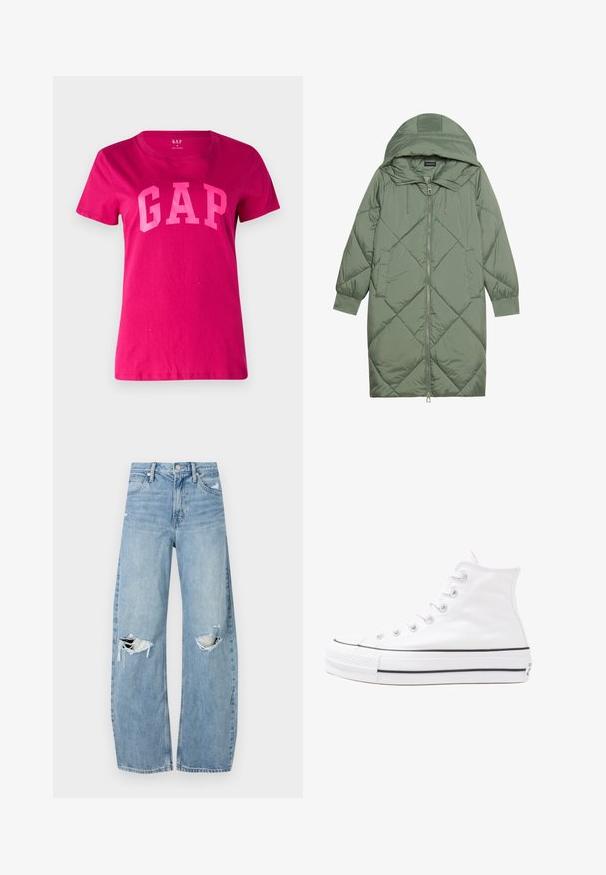 Gequiltede lange groene pufferjas met een capuchon, met een ritssluiting aan de voorkant en twee zijzakken. Gelaagd ruitpatroon overal.; GAP TEE - T-shirt print - bright beet; Lichtblauwe, hooggeritste jeans van denim. Beschikken over wijde pijpen, twee gescheurde knievalken en klassieke vijfzakken styling.; Witte high-top canvas sneakers met een zwarte rubberen zool, een rubberen neuskap aan de voorkant en zes gaatjes voor veters, met een schone, minimalistische uitstraling.