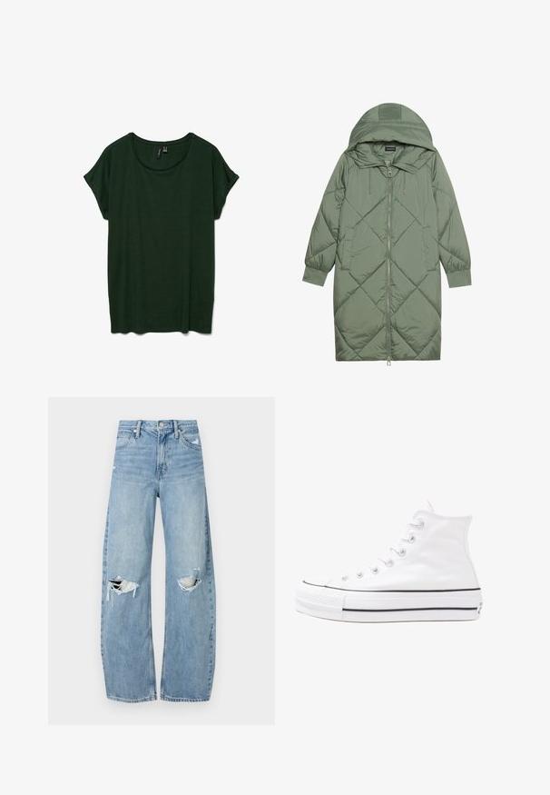 Quiltet lang grøn pufferjakke med hætte, med frontlynlås og to sidelommer. Teksturret diamantmønster over det hele.; Mørkegrøn kortærmet t-shirt med rund halsudskæring og en afslappet pasform. Blød tekstur, uden synlige mønstre eller hardware.; Lysblå, højtraljede jeans lavet af denim. Har brede ben, to huller ved knæene og klassisk fem-lommes stil.; Hvide høje kanvas sneakers med sort gummisål, gummitåhætte foran og seks øjehuller til snørebånd, der har et rent, minimalistisk design.