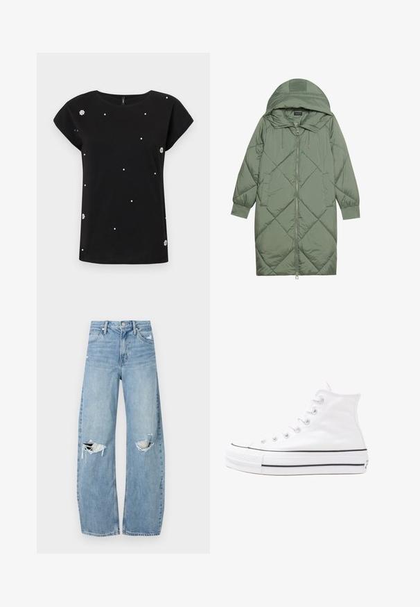 Gesteppten langer grüner Daunenmantel mit Kapuze, mit einem Reißverschluss vorne und zwei Seitentaschen. Strukturiertes Rautenmuster auf der gesamten Fläche.; Schwarzes kurzärmliges T-Shirt aus Baumwolle mit Rundhalsausschnitt. Verziert mit verstreuten Kunstperlen und einem floralen Akzent auf der linken Seite.; Helles, hochtailliertes Jeans aus Denim. Hat weit geschnittene Beine, zwei aufgerissene Kniebereiche und klassischen Fünf-Taschen-Stil.; Weiße hochwertige Leinensneaker mit schwarzer Gummisohle, vorderem Gummizehenschutz und sechs Ösen für Schnürsenkel, die ein sauberes, minimalistisches Design aufweisen.