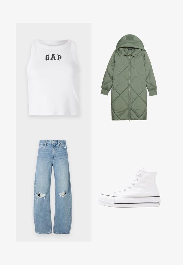Gesteppten langer grüner Daunenmantel mit Kapuze, mit einem Reißverschluss vorne und zwei Seitentaschen. Strukturiertes Rautenmuster auf der gesamten Fläche.; Weißes ärmelloses Crop-Top aus geripptem Stoff mit einem schwarzen "GAP"-Logo auf der Vorderseite. Rundhalsausschnitt mit sauberen Nähten.; Helles, hochtailliertes Jeans aus Denim. Hat weit geschnittene Beine, zwei aufgerissene Kniebereiche und klassischen Fünf-Taschen-Stil.; Weiße hochwertige Leinensneaker mit schwarzer Gummisohle, vorderem Gummizehenschutz und sechs Ösen für Schnürsenkel, die ein sauberes, minimalistisches Design aufweisen.