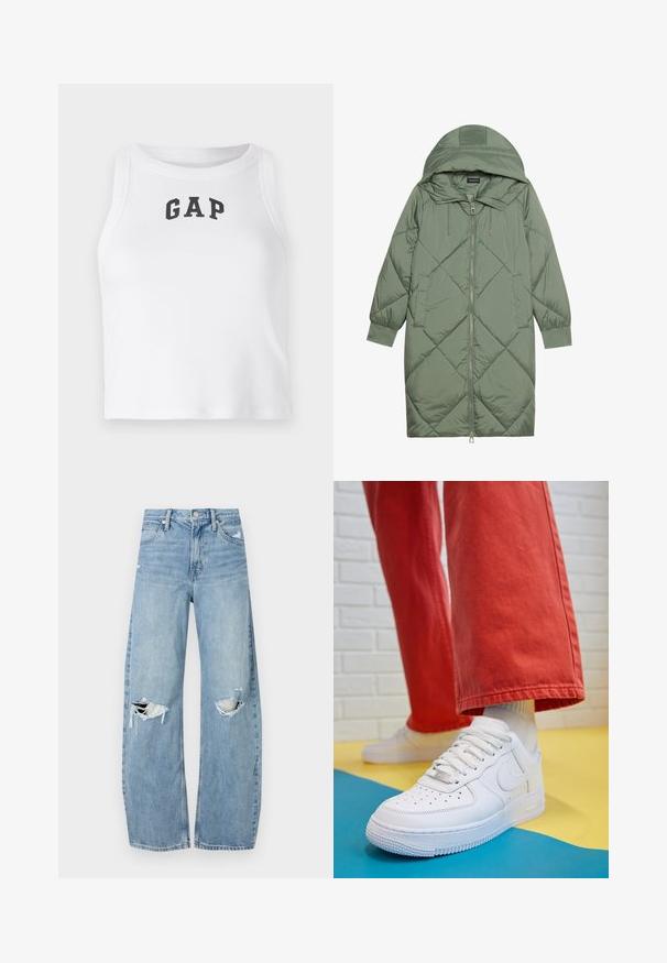 Quilted long green puffer coat with a hood, featuring a front zipper closure and two side pockets. Textured diamond pattern throughout.; White sleeveless crop top made of ribbed fabric featuring a black "GAP" logo on the front. Rounded neckline with clean seams.; Light blue, high-waisted jeans made of denim. Feature wide legs, two torn knee areas, and classic five-pocket styling.; White leather sneaker with perforated toe box, textured sole, and white laces, paired with wide red pants and a blue and yellow background.