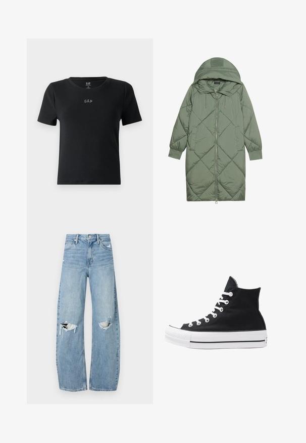 Prostorna dolga zeleni puffer plašč s kapuco, z zadrgo spredaj in dvema stranskima žepoma. Tekstura z diamantnim vzorcem po celotni površini.; Črna kratka majica s kratkimi rokavi, izdelana iz rebraste tkanine, z okroglo ovratnikom in majhnim vezenim logotipom "GAP" na prsih.; Svijetloplave traperice visoki struk. Imaju široke nogavice, dva poderana područja na koljenima i klasičan petotoksi stil.; Visoke črne platnene superge z belimi režami, vezalkami in gumijastim podplatom. Ponašajo se z teksturiranim zaščitnikom za prste in črno-belimi črtami.