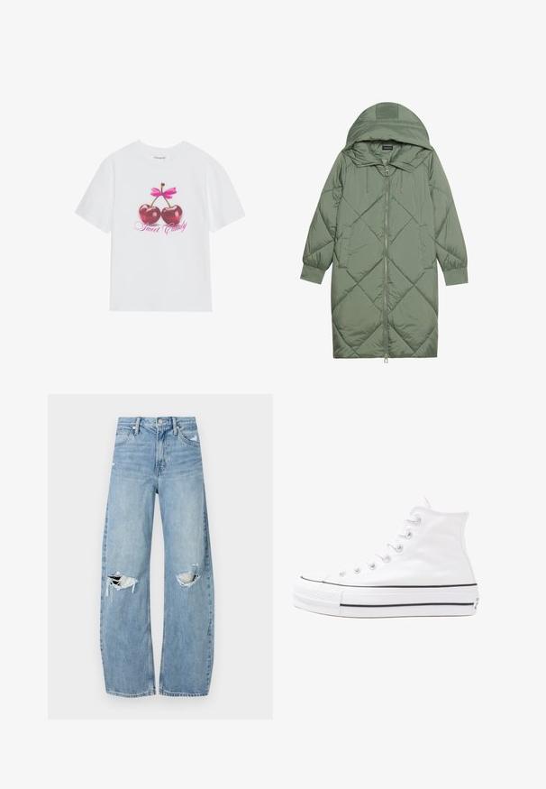 Quiltuotas ilgas žalias pūkinis paltas su kapuce, turintis priekinį užtrauktuką ir dvi šonines kišenes. Visame paviršiuje yra tekstūrinis rombų raštas.; Balta medvilninė T-shirt marškinėliai su grafiniu dizainu, vaizduojančiu dvi blizgančias raudonas vyšnias su rožinėmis kaspinu viršuje ir tekstu "Saldi Saldainis" rožine spalva.; Šviesiai mėlynos, aukštu juosmeniu džinsai pagaminti iš džinsinio audinio. Turi plačias kojų kelnes, dvi suplėšytas kelio vietas ir klasikinį penkių kišenių dizainą.; Balti aukštakulniai drobės sportbačiai su juodu guminio pado, priekinio guminio piršto dangteliu ir šešiais akytėmis raištams, pasižymintys švariu, minimalistiniu dizainu.