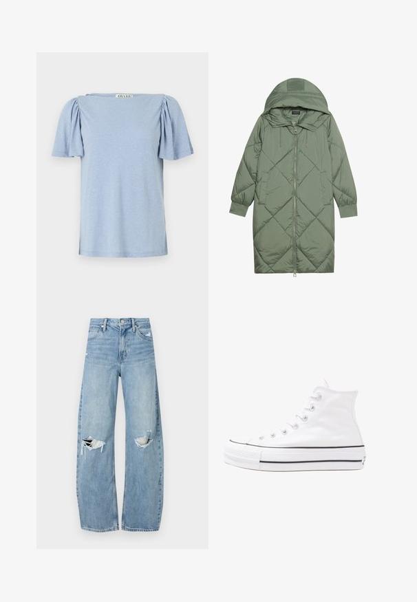 Casaco puffer longo verde acolchoado com capuz, apresentando um fecho frontal com zíper e dois bolsos laterais. Padrão texturizado em forma de diamante por todo o casaco.; TOP azul claro de mangas curtas com mangas bufantes e decote quadrado. Feito de material suave com um acabamento ligeiramente texturizado.; Jeans de lavagem clara, de cintura alta, feitos de denim. Apresentam pernas largas, duas áreas rasgadas nos joelhos e o estilo clássico de cinco bolsos.; Sapatilha alta de tela branca com sola de borracha preta, bico de borracha na frente e seis ilhós para os atacadores, apresentando um design limpo e minimalista.